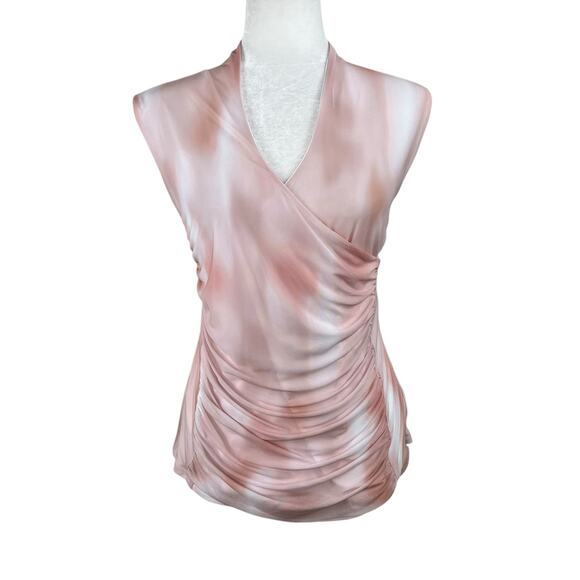 Calvin Klein Pink Chiffon Gathered Sleeveless Faux Wrap V-Neck Top Large NWT - Picture 2 of 13